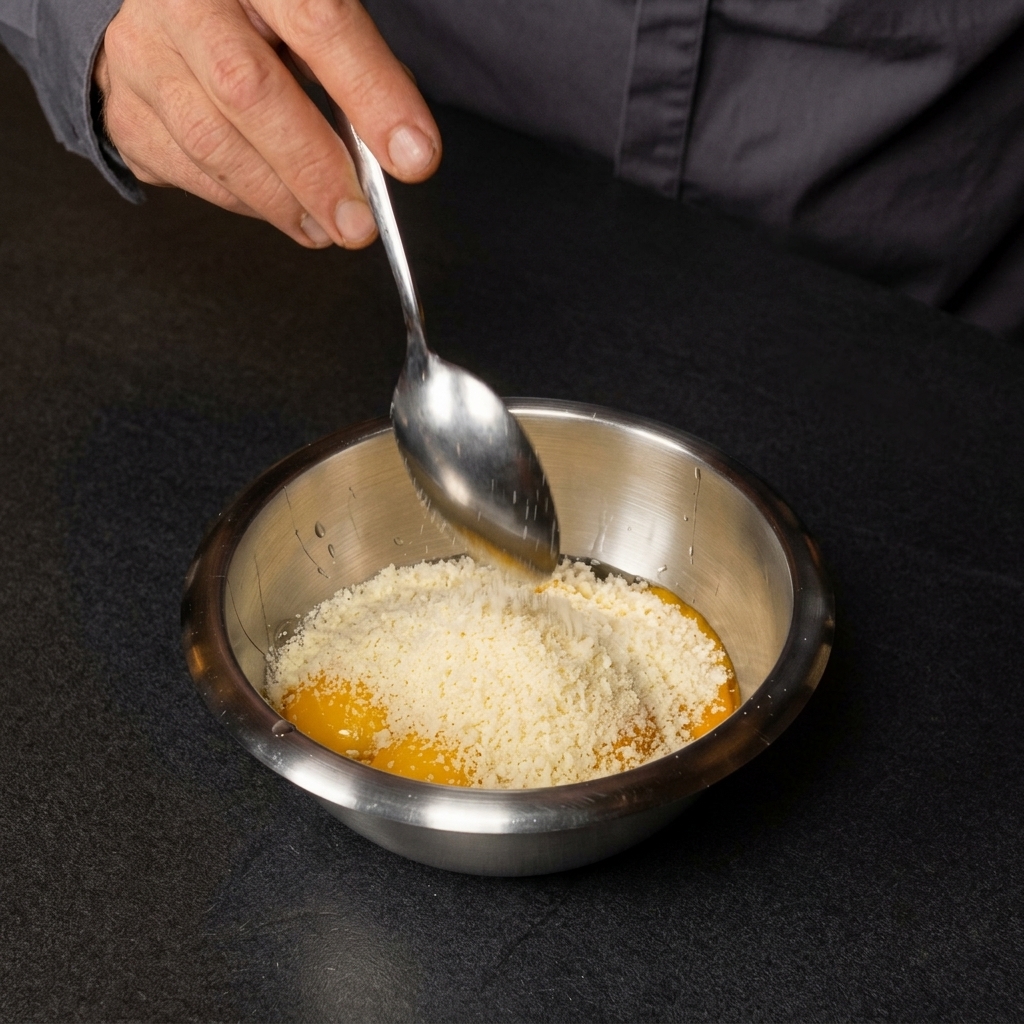 Una mano añadiendo queso finamente rallado con una cuchara a un bol con huevos.