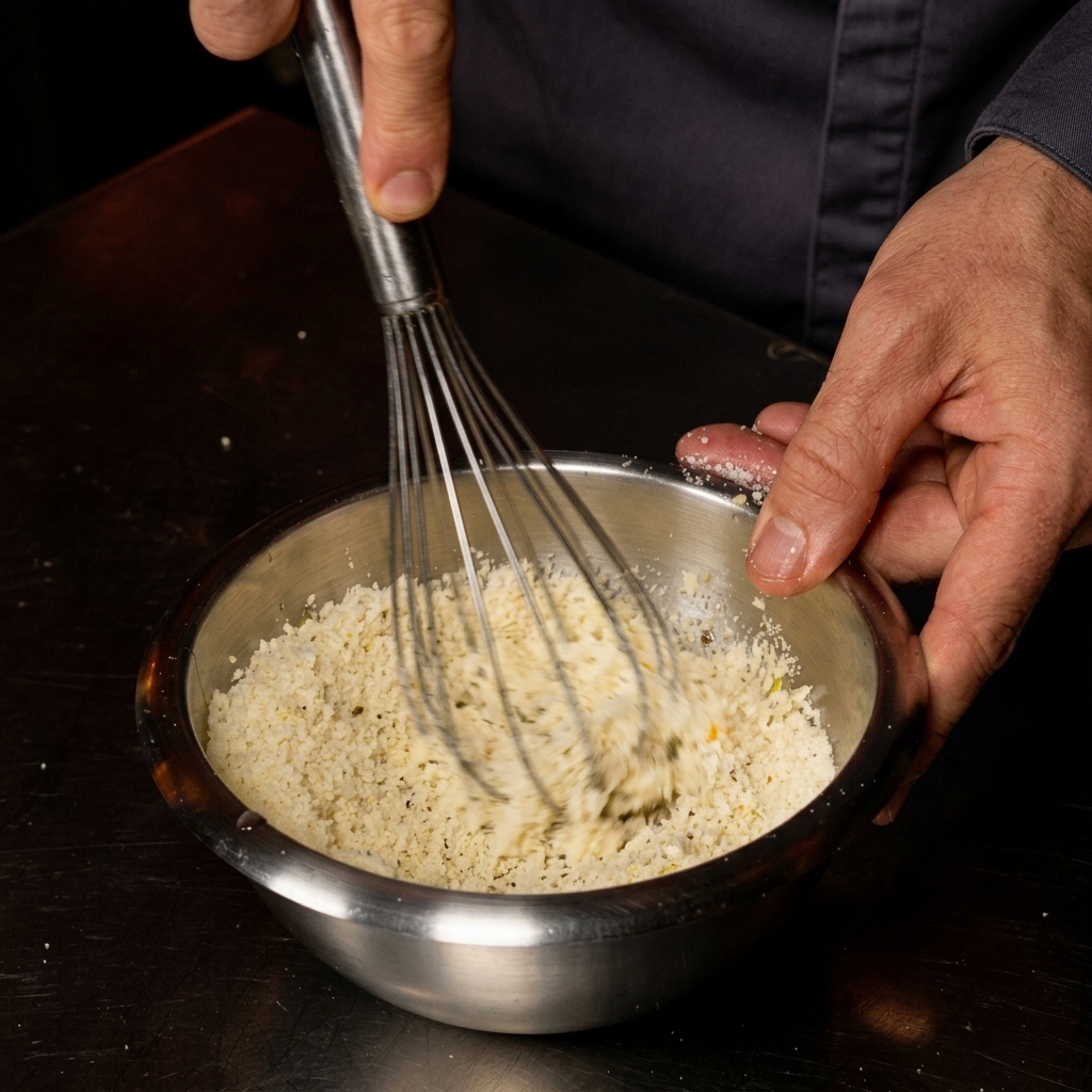 Una mano batiendo enérgicamente una mezcla espesa de huevos y queso en un bol.