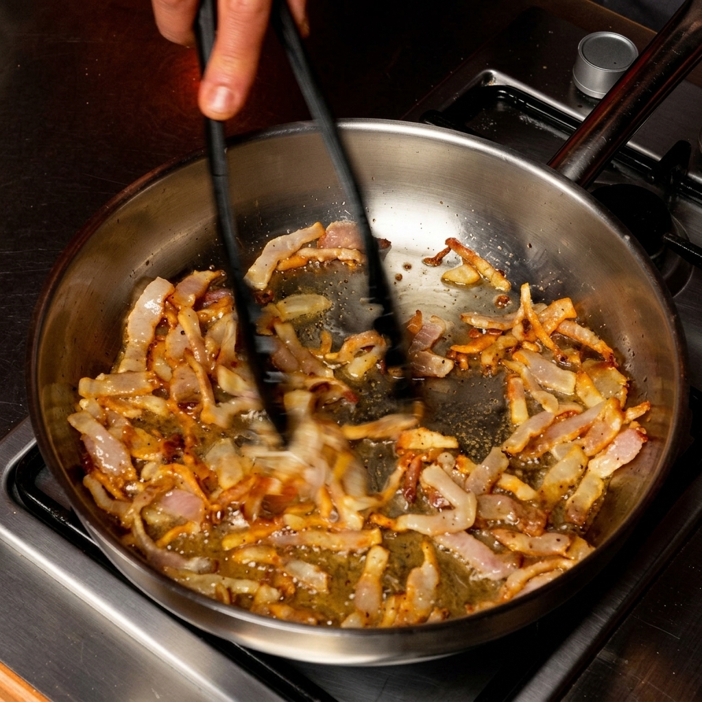 Pinzas salteando tiras de guanciale mientras se fríen y sueltan su grasa.