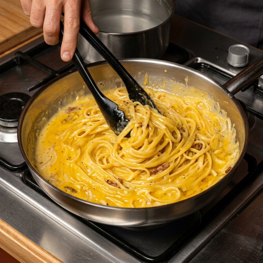 Espaguetis siendo removidos enérgicamente en una sartén, cubiertos de una salsa carbonara brillante y cremosa.