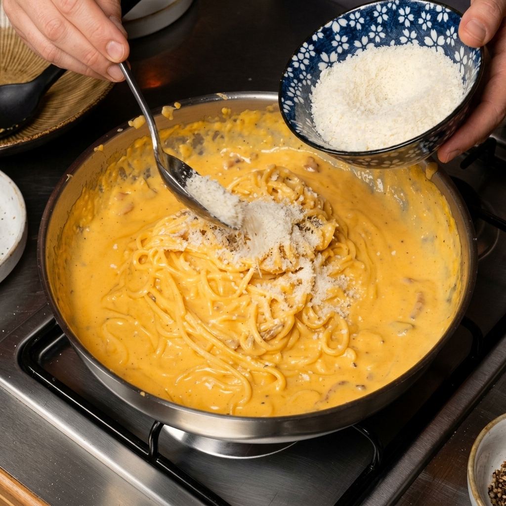 Una mano espolvoreando queso rallado sobre unos espaguetis cremosos en una sartén.