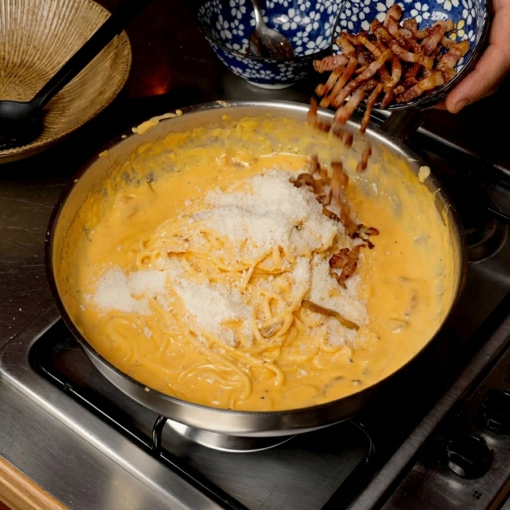 Vertiendo trozos de guanciale frito sobre una sartén con pasta cremosa.
