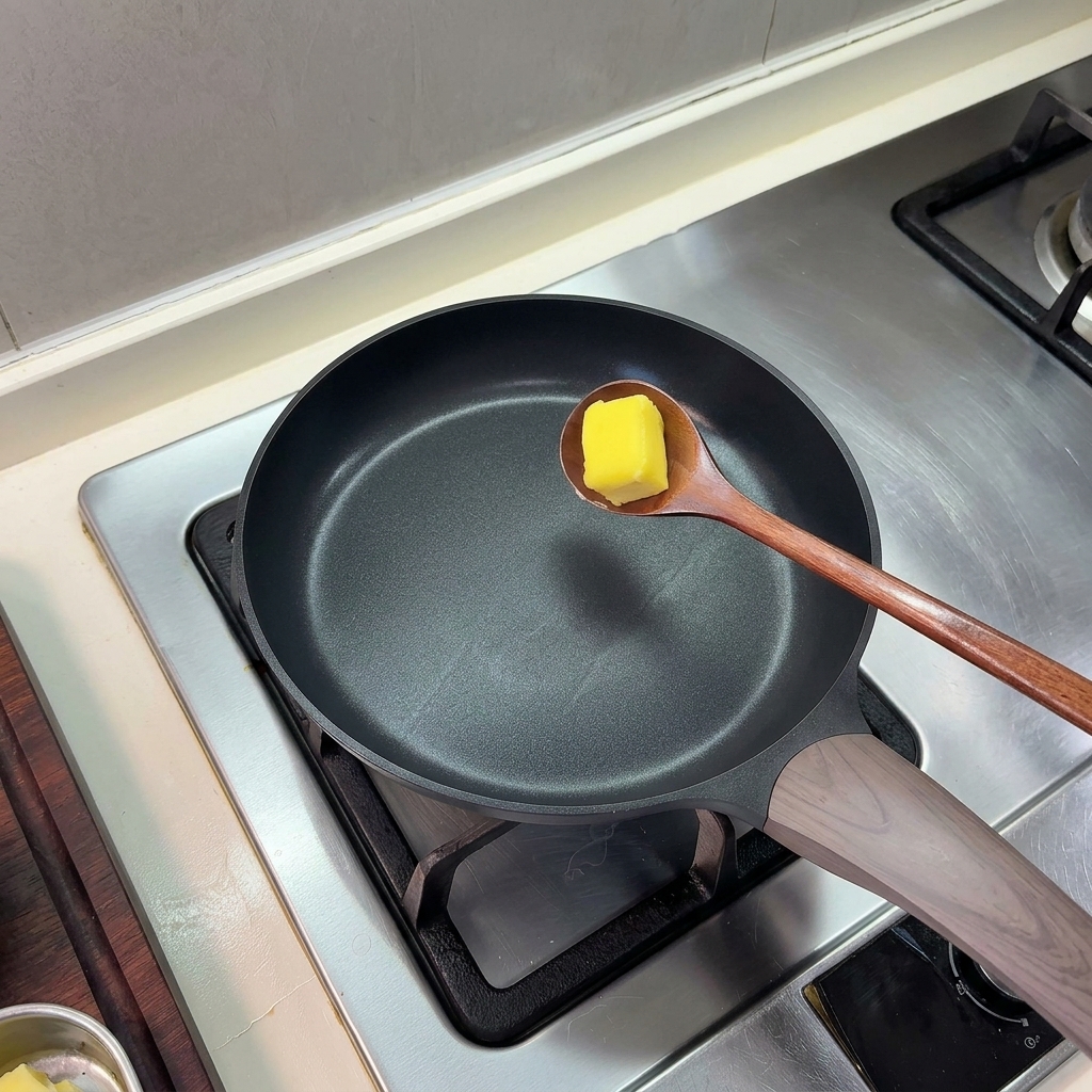 Un trozo cuadrado de mantequilla en una cuchara de madera sobre una sartén negra caliente.