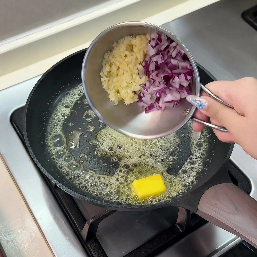 Un pequeño cuenco vertiendo cebolla roja y ajo picado en una sartén con mantequilla burbujeante.