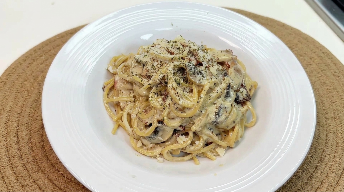 Espaguetis cremosos con champiñones y bacon