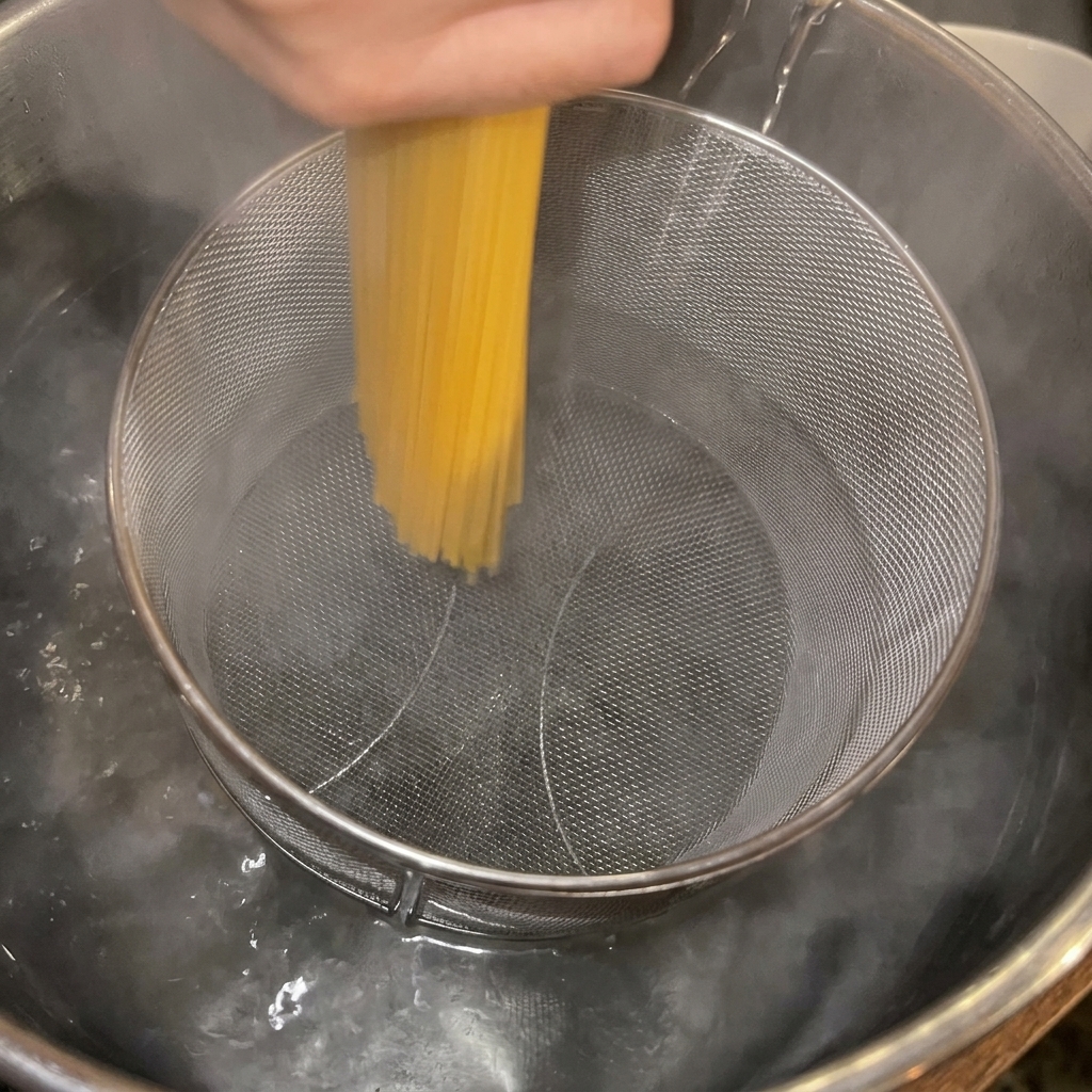 Espaguetis secos sumergiéndose en una olla con agua hirviendo.