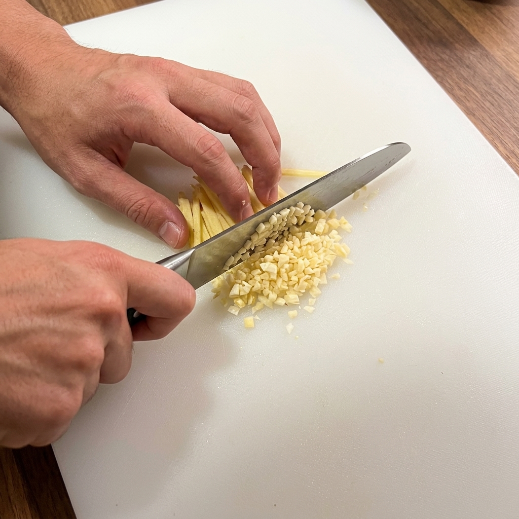 Manos picando finamente tiras pálidas de aromáticos en trozos muy pequeños sobre una tabla de cortar blanca.
