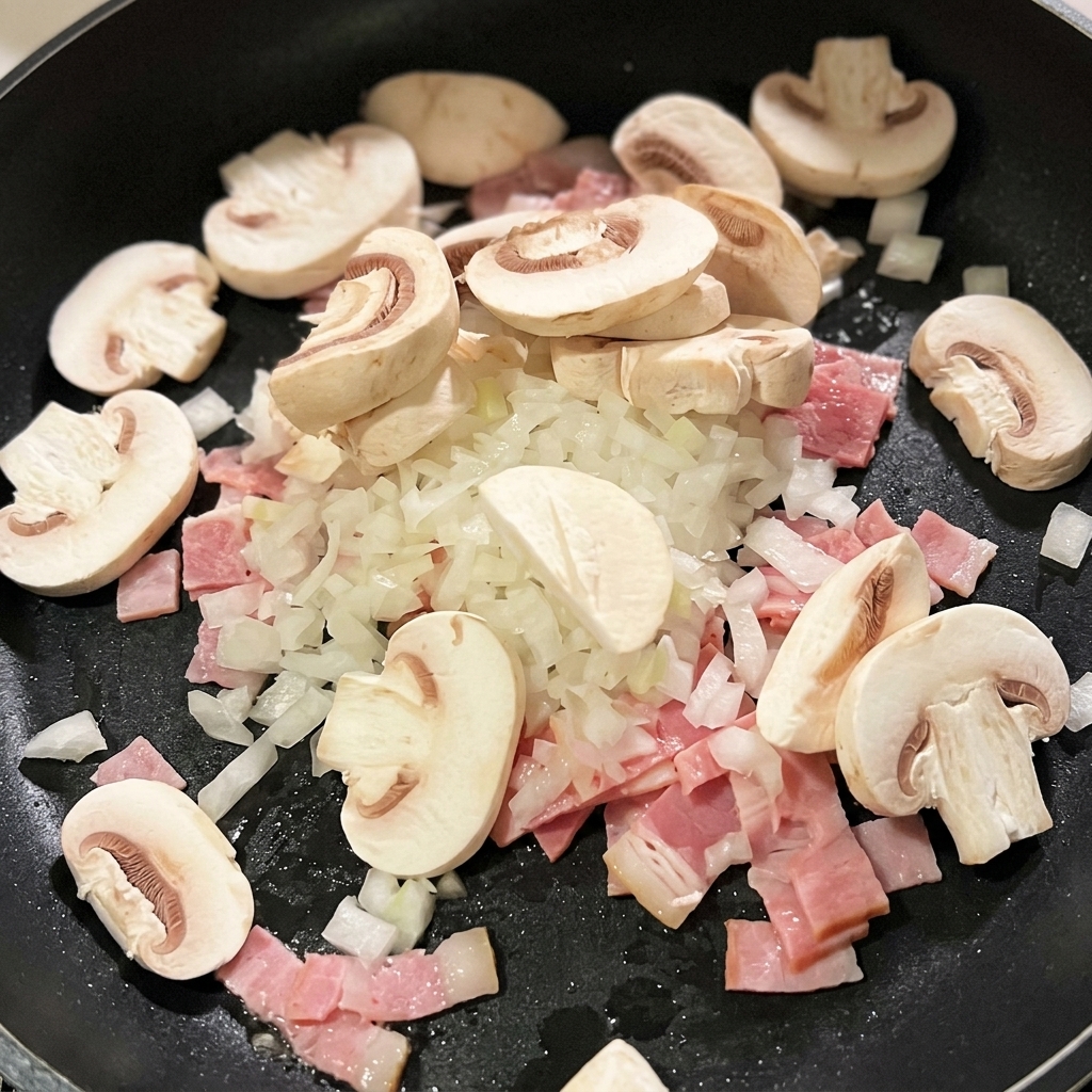 Champiñones en láminas y cebolla picada sobre trozos de bacon cocinándose en una sartén negra.