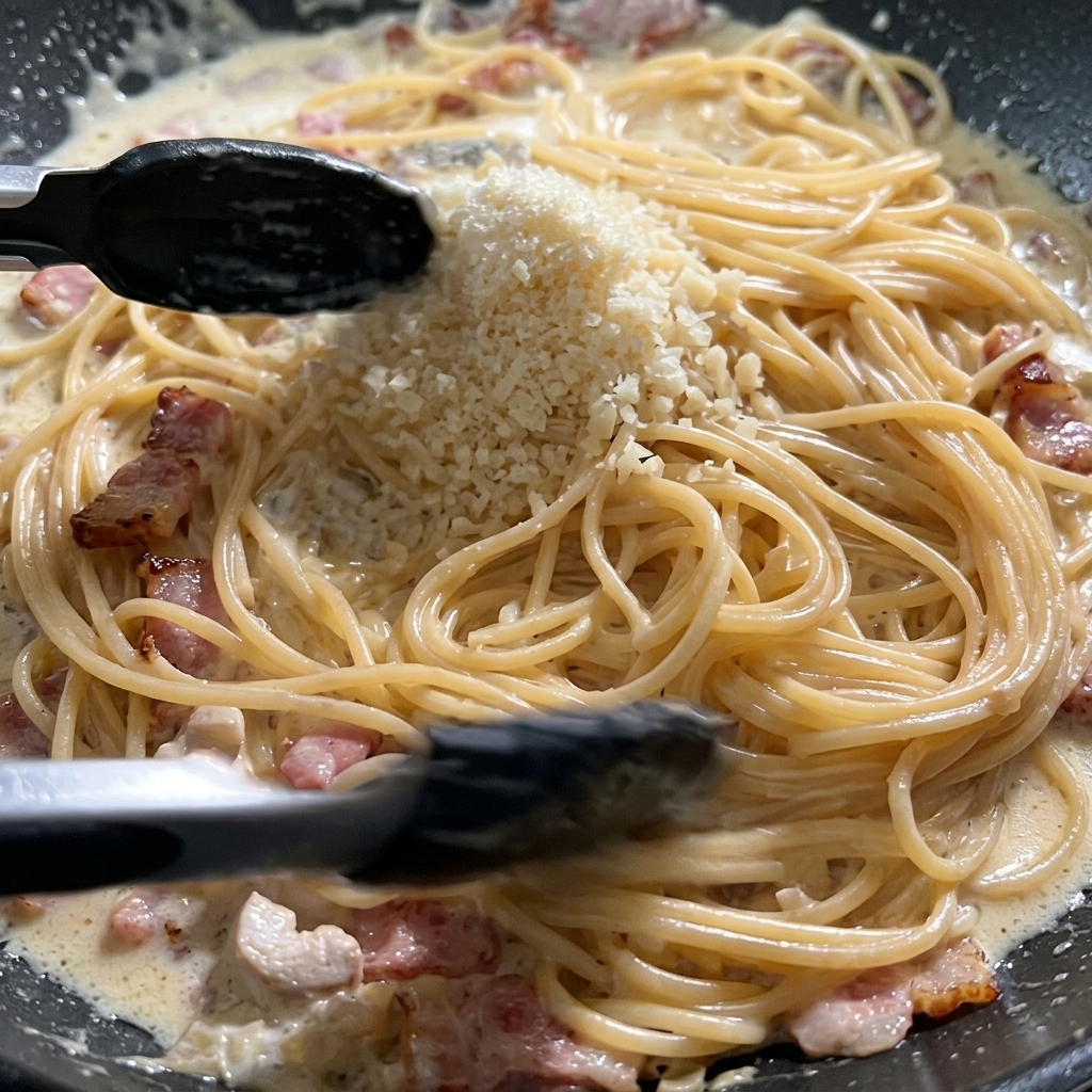 Un montoncito de queso parmesano rallado sobre los espaguetis cremosos y el bacon en una sartén oscura.