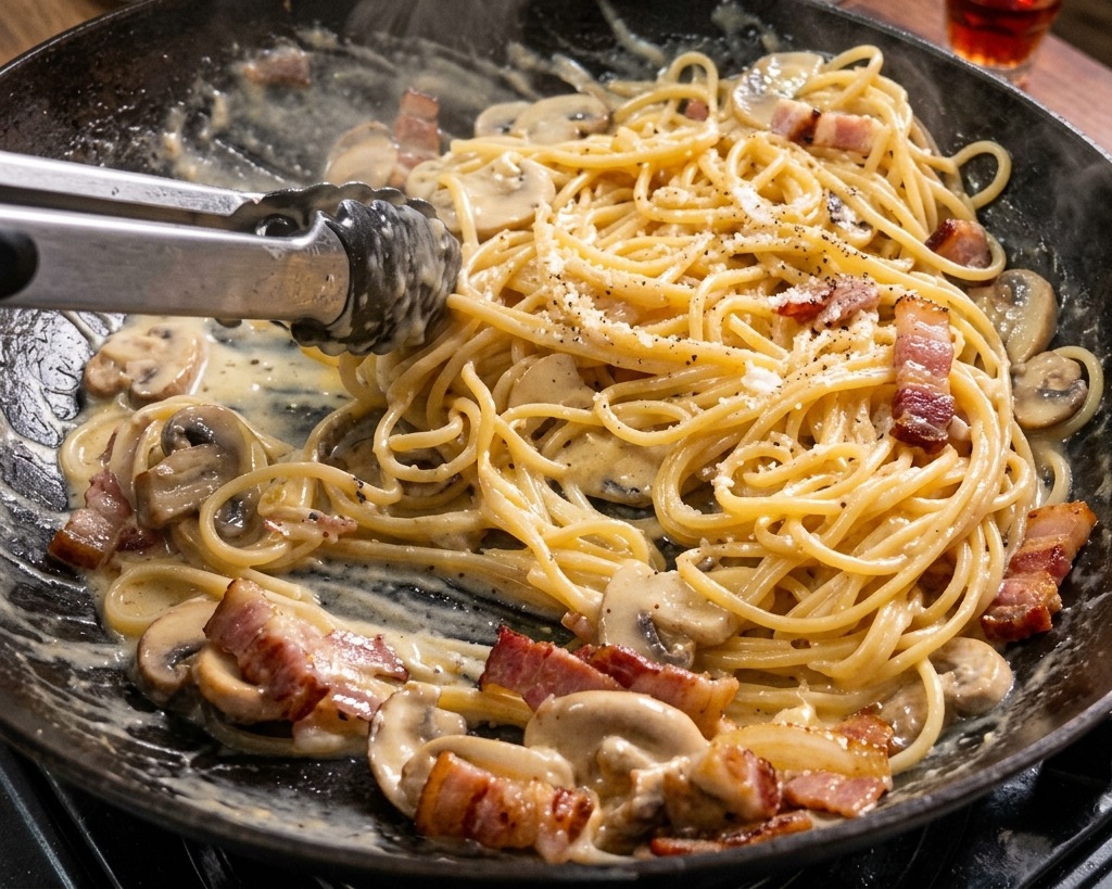 Pinzas de cocina removiendo activamente los espaguetis en una sartén grande para mezclarlos con la salsa, el bacon y los champiñones.