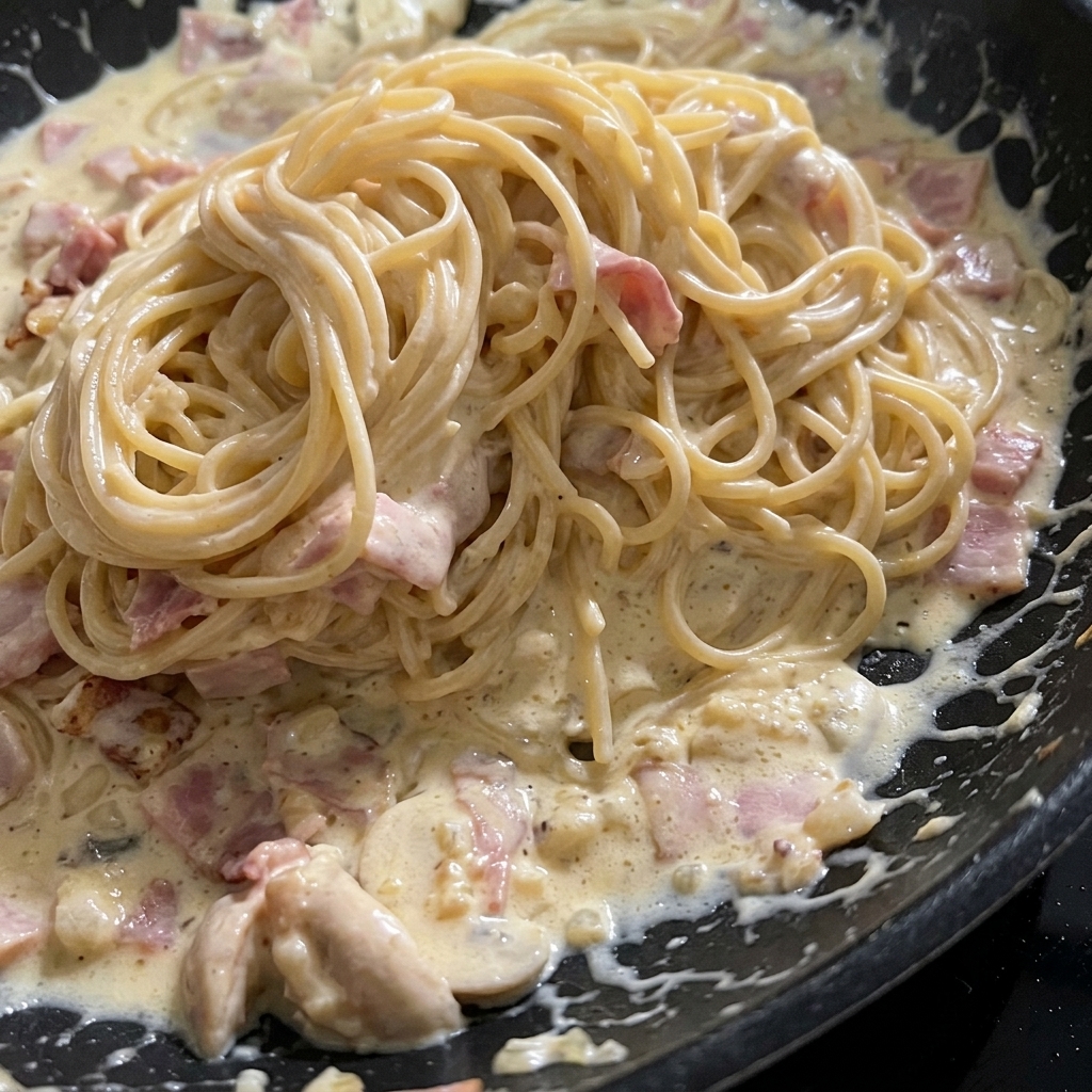 Espaguetis a la carbonara cremosos recién hechos con trozos visibles de bacon y champiñones en una sartén negra.