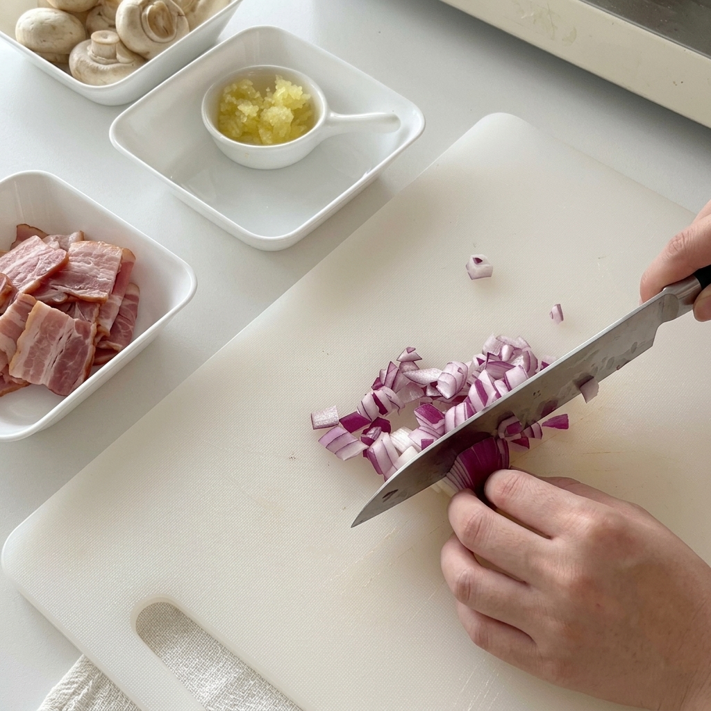 Manos sosteniendo un cuchillo de chef para picar finamente una cebolla roja sobre una tabla de cortar blanca.