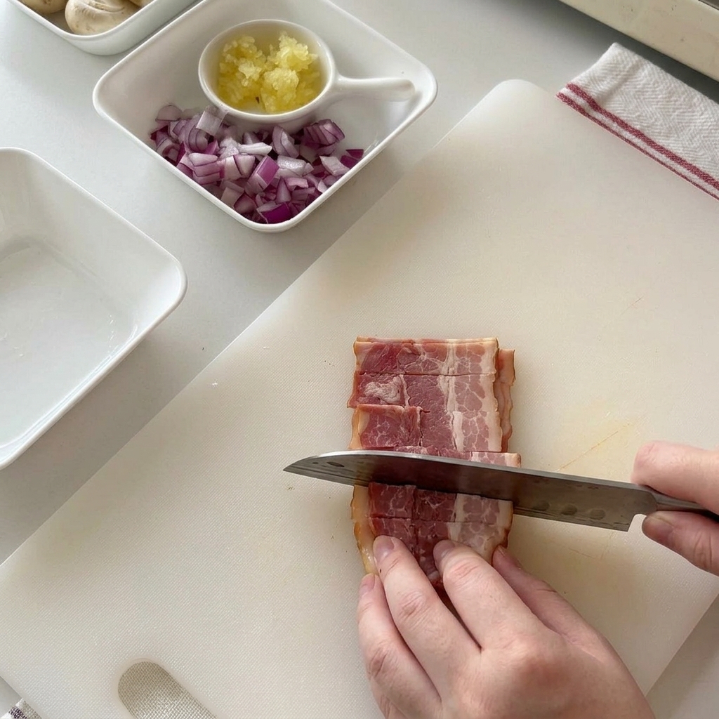 Cortando tiras de bacón crudo en pequeños trozos rectangulares sobre una tabla de cortar blanca.