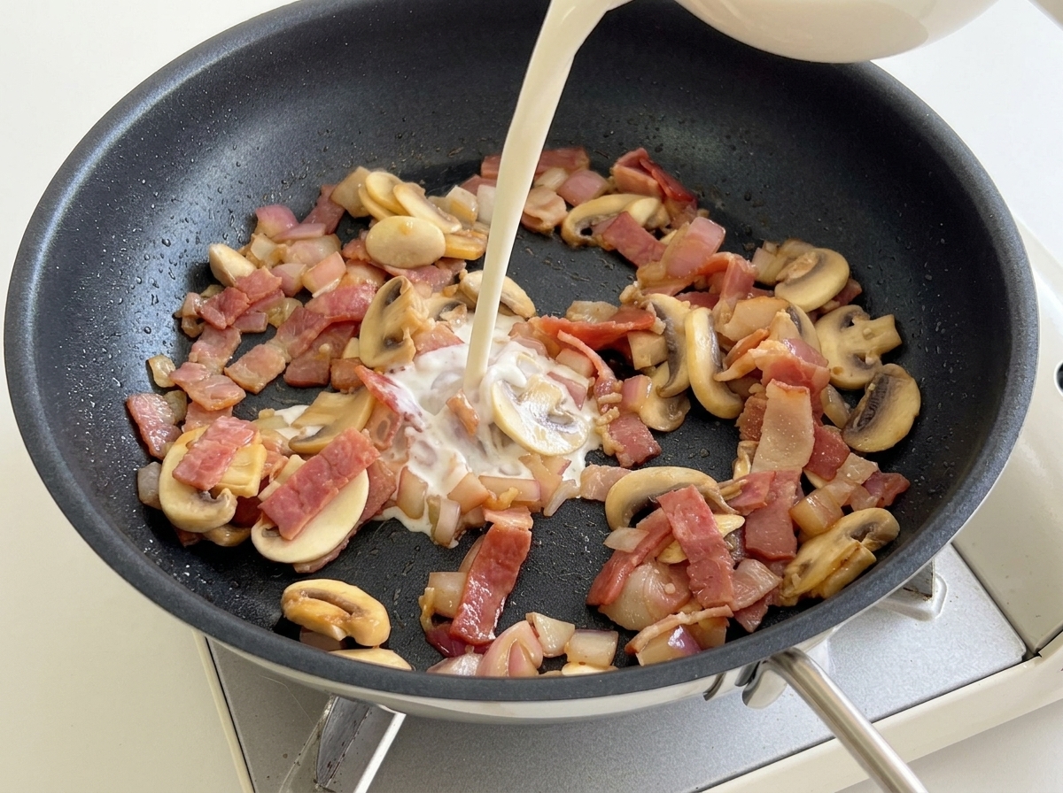 Leche siendo vertida desde un cuenco blanco a una sartén con bacón cocinado, champiñones y cebollas.