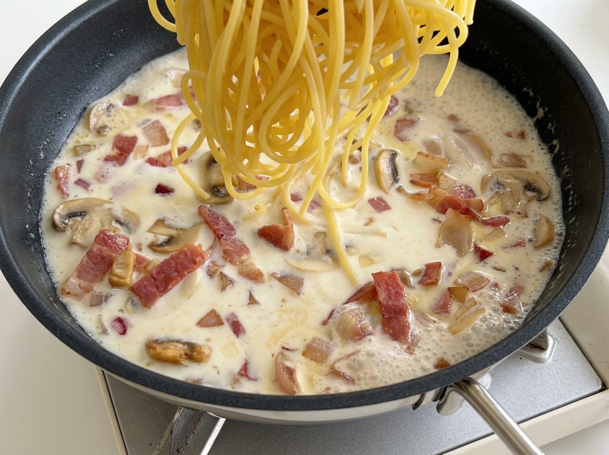 Espaguetis cocidos siendo introducidos en una sartén con salsa de leche burbujeante, bacón y champiñones.