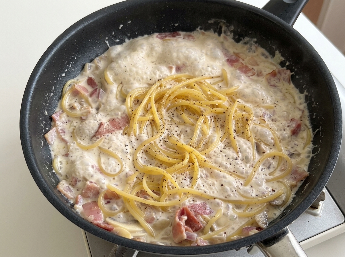 Espaguetis hirviendo a fuego lento en una salsa blanca cremosa con bacón y champiñones, espolvoreados con pimienta negra en una sartén negra.