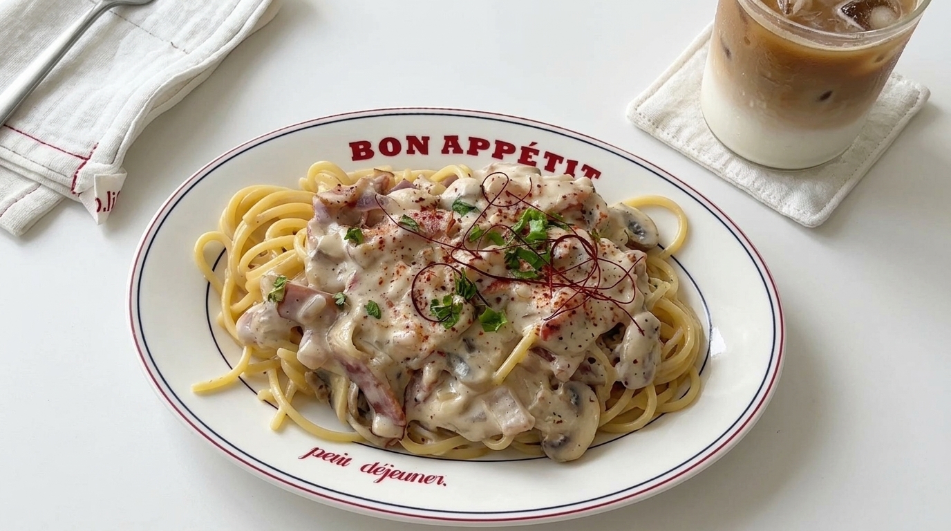 Pasta cremosa con leche, bacón y champiñones