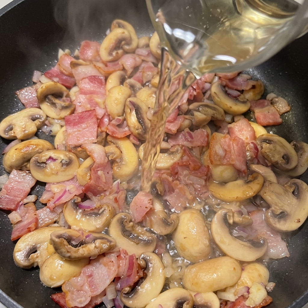 Vino blanco vertiéndose desde una jarra medidora en la sartén con bacón, champiñones y aromáticos.