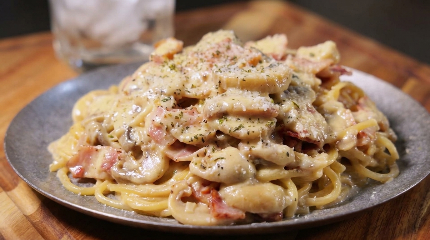 Espaguetis Cremosos con Bacón y Champiñones