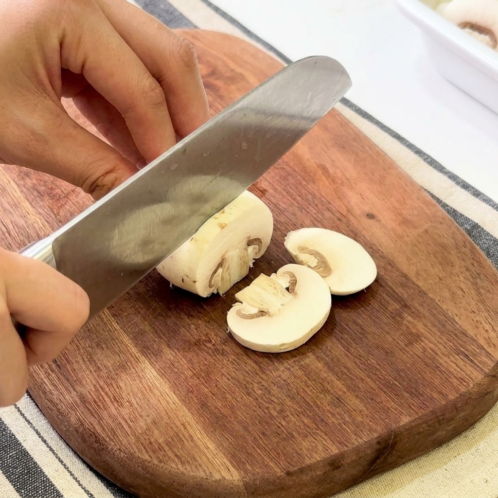 Manos usando un cuchillo de chef para laminar champiñones blancos sobre una tabla de madera.