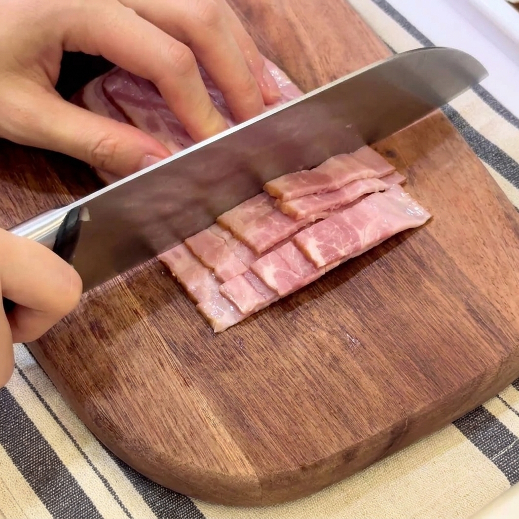 Un cuchillo afilado cortando tiras de bacon crudo en trozos pequeños sobre una tabla de madera.