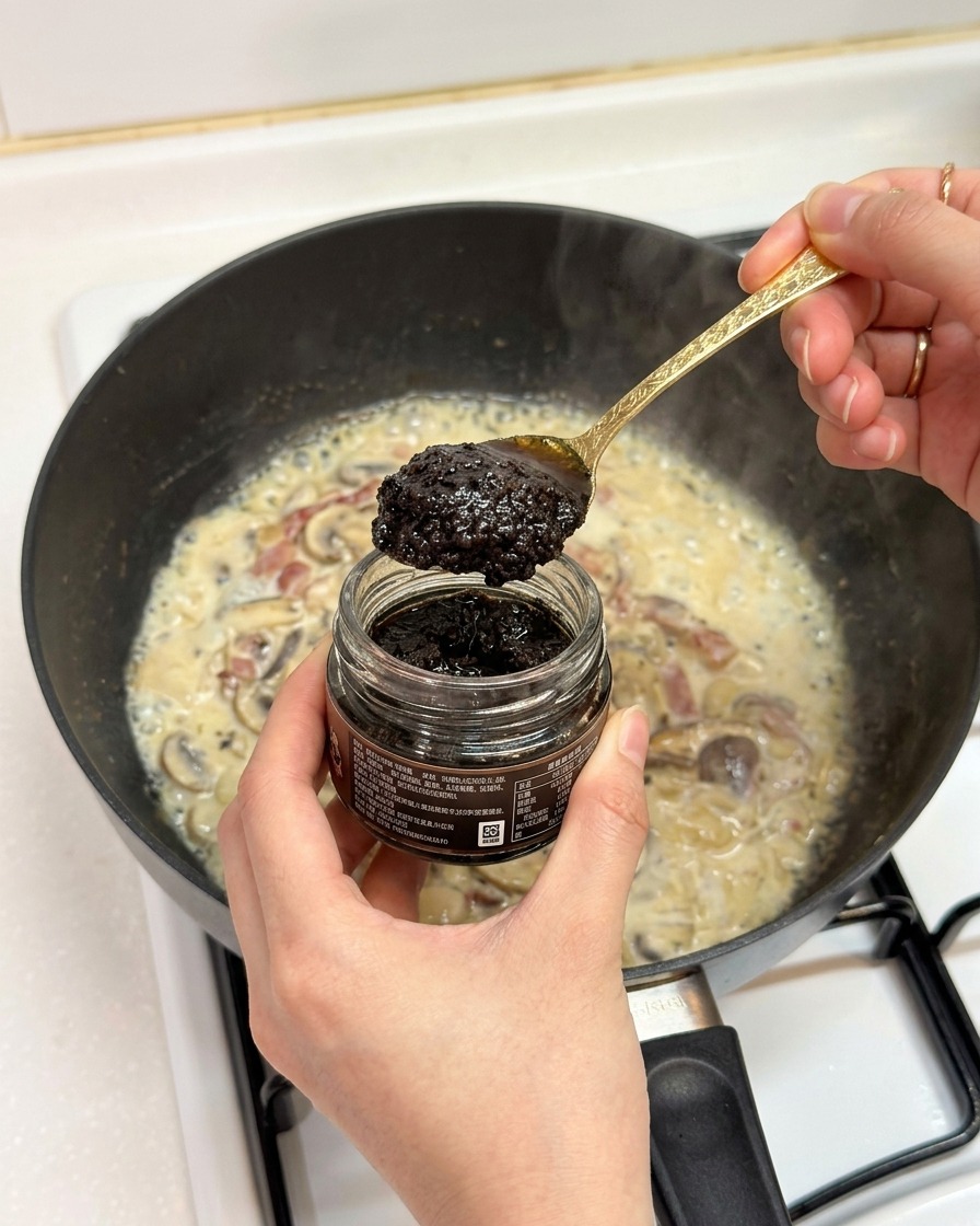 Una mano sosteniendo un tarro de pasta de trufa negra mientras añade una cucharada generosa a la salsa cremosa.