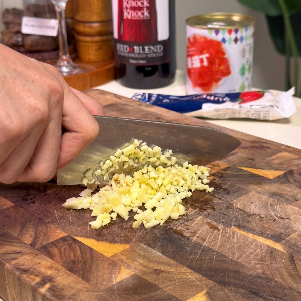 Primer plano de un cuchillo de chef picando finamente dientes de ajo frescos en una tabla de madera.
