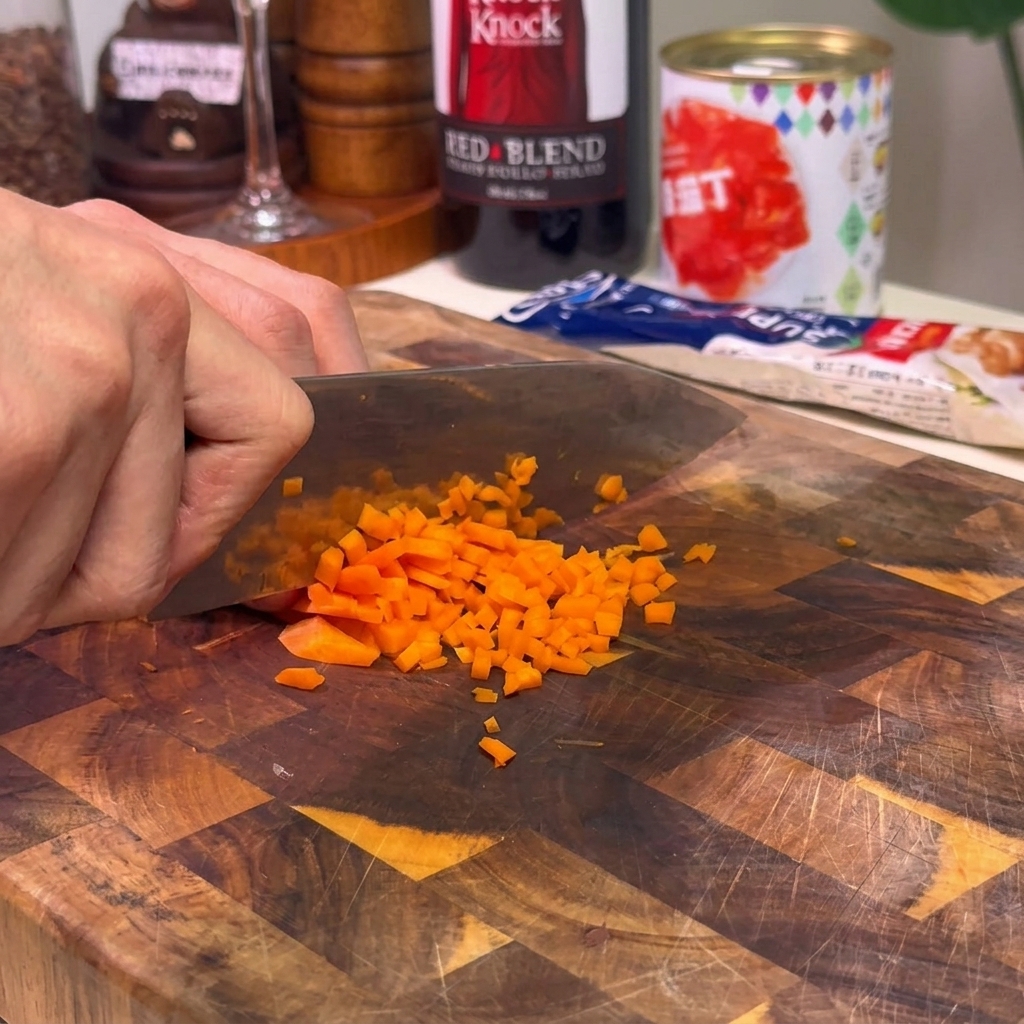 Mano usando un cuchillo para picar finamente zanahorias de color naranja brillante en una tabla de madera.