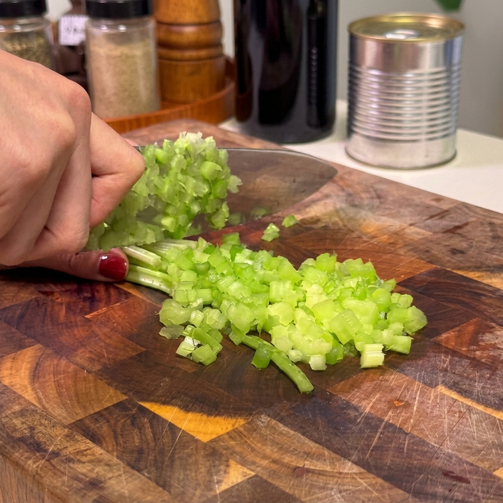 Mano troceando ramas de apio verde fresco en trozos pequeños y uniformes sobre una tabla de cortar.