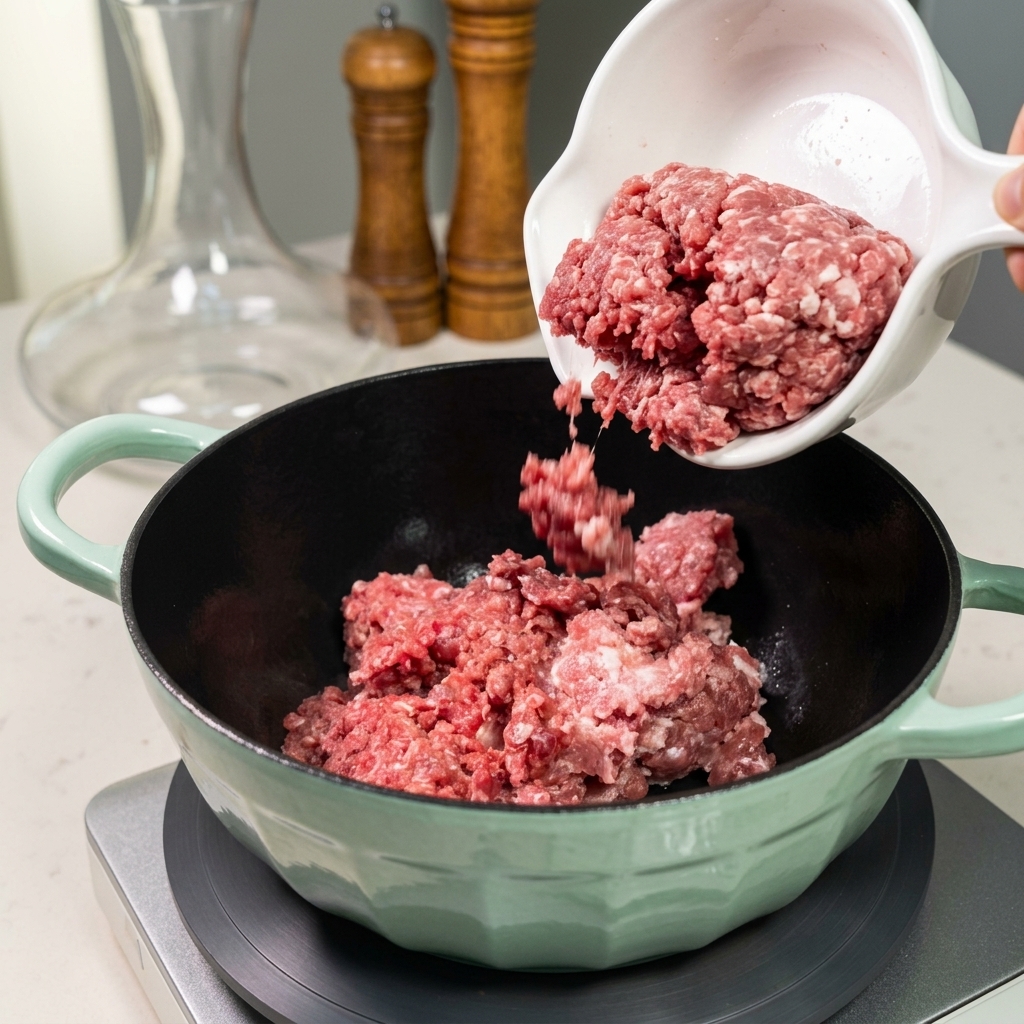 Carne picada de ternera y cerdo cruda vertiéndose desde un cuenco blanco a una olla de color verde pálido.