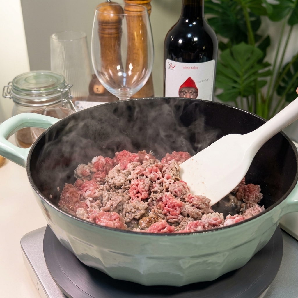 Carne picada siendo removida con una espátula blanca en una olla, con vapor visible mientras se dora.