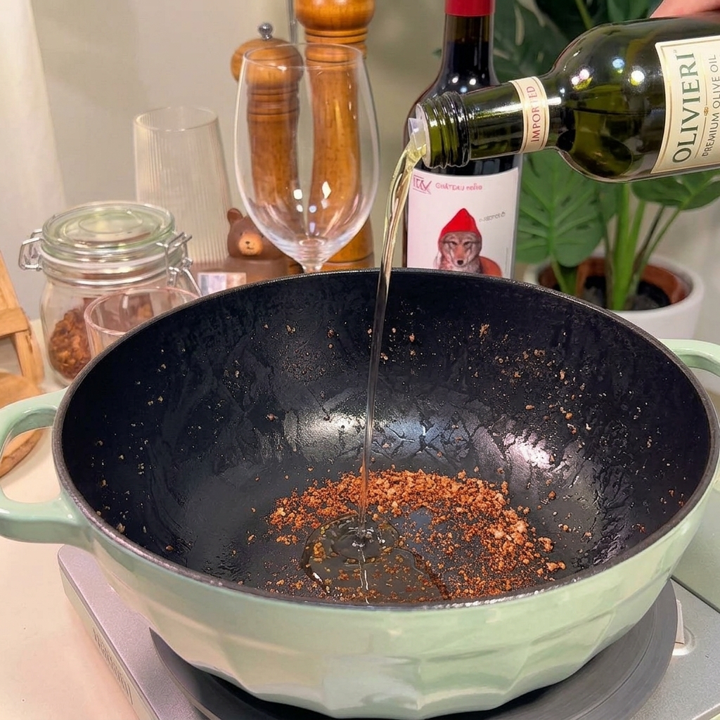 Vertiendo aceite de cocina desde una botella de vidrio a una olla oscura con restos de carne dorada.