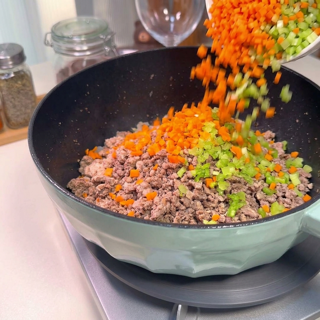 Zanahorias de color naranja y apio verde vertiéndose desde un cuenco a la olla con la mezcla de carne.
