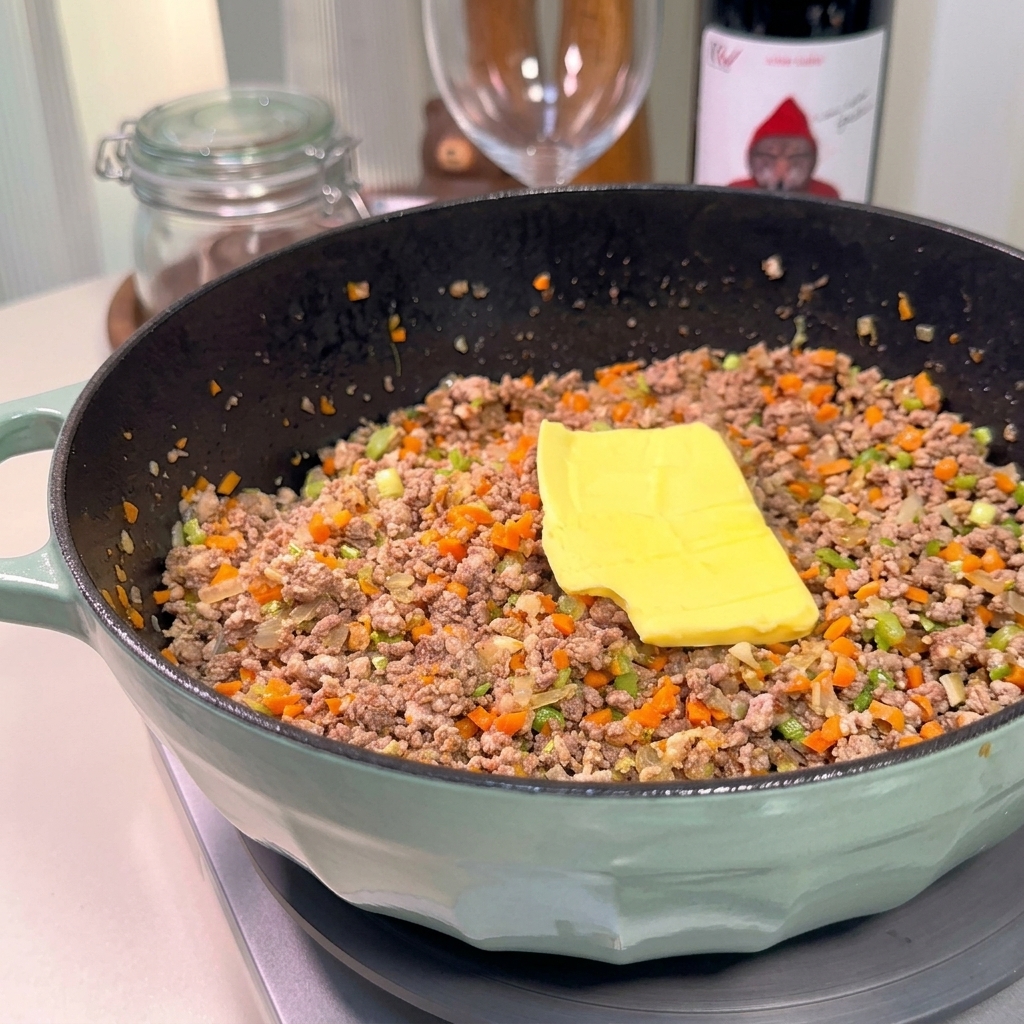 Un trozo de mantequilla amarilla derritiéndose sobre la mezcla de carne y verduras en la olla.