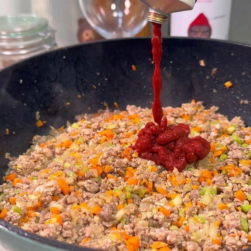 Concentrado de tomate rojo oscuro siendo añadido a una olla caliente con carne y verduras picadas.