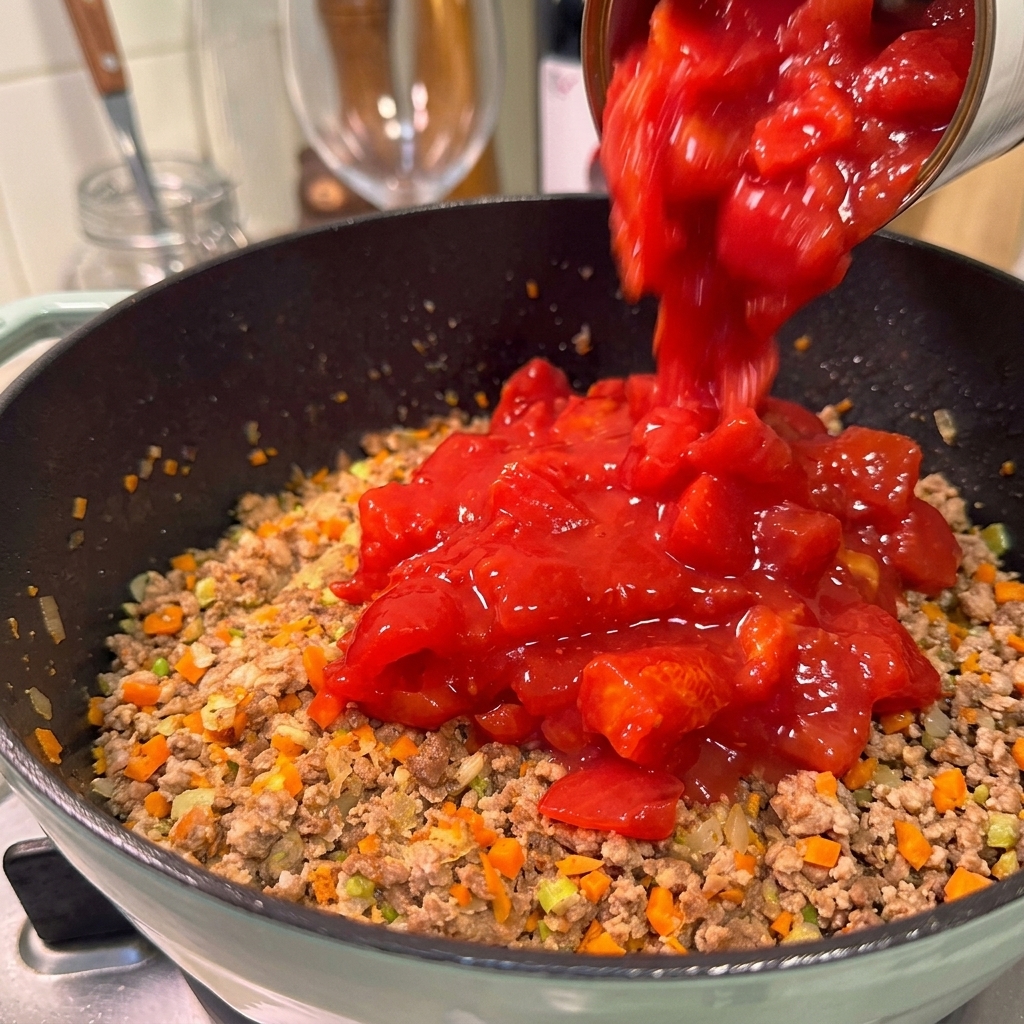 Una lata vertiendo tomates rojos troceados y su jugo sobre la mezcla de carne y verduras en la olla.