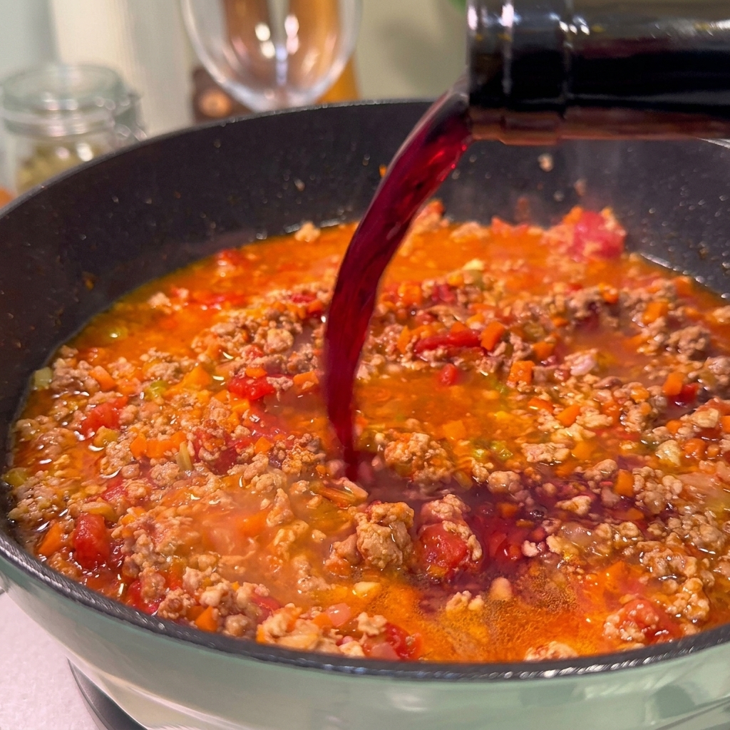 Vino tinto vertiéndose desde una botella de vidrio verde en la salsa de carne que burbujea.