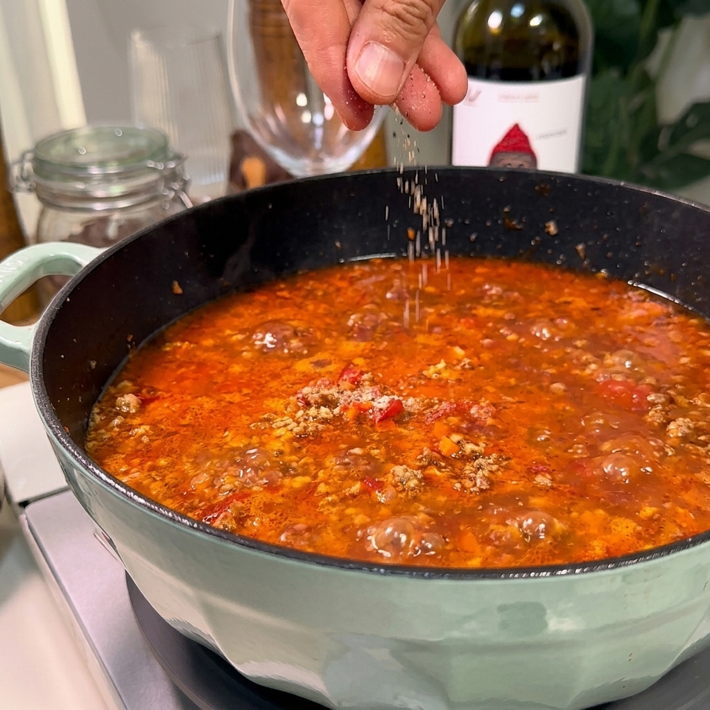 Mano espolvoreando sal y pimienta negra recién molida sobre una olla de salsa boloñesa espesa.