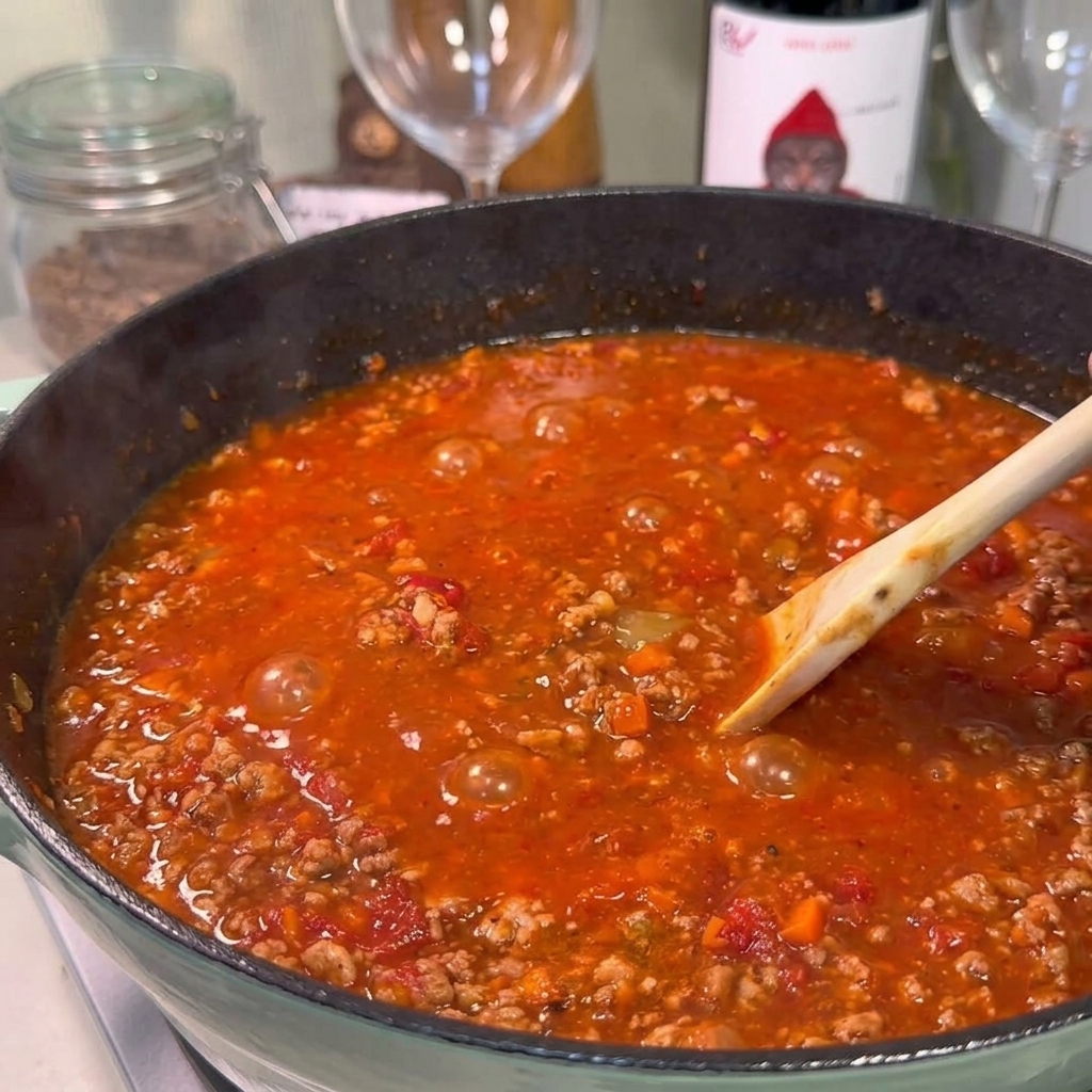 Cuchara de madera removiendo una salsa boloñesa roja oscura que burbujea lentamente en una olla grande.