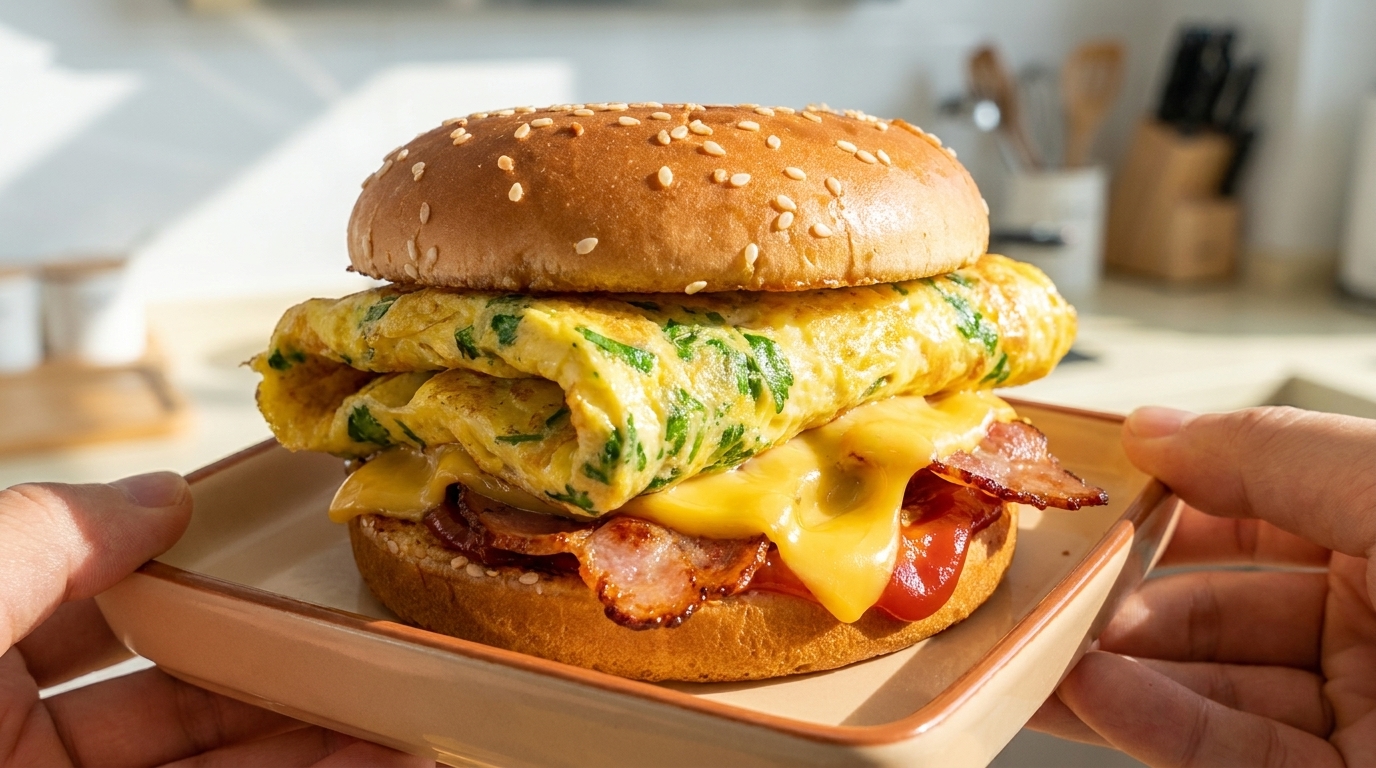 Hamburgesa de desayuno saludable en 10 minutos con tortilla de hierbas y tocino