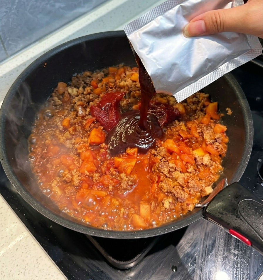 Apretando un sobre de base de sopa de tomate rojo oscuro en la sartén con la carne.