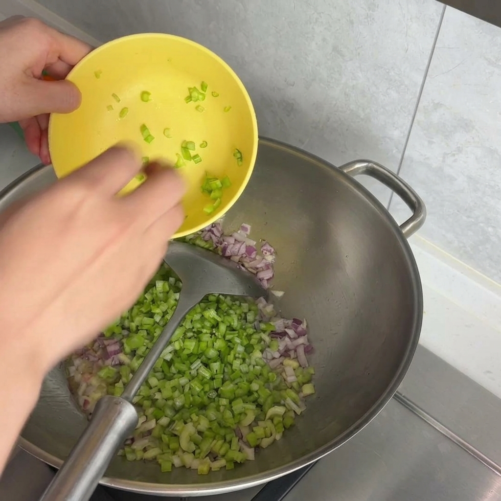 Manos vertiendo apio y cebolla picados desde un bol amarillo hacia un wok.