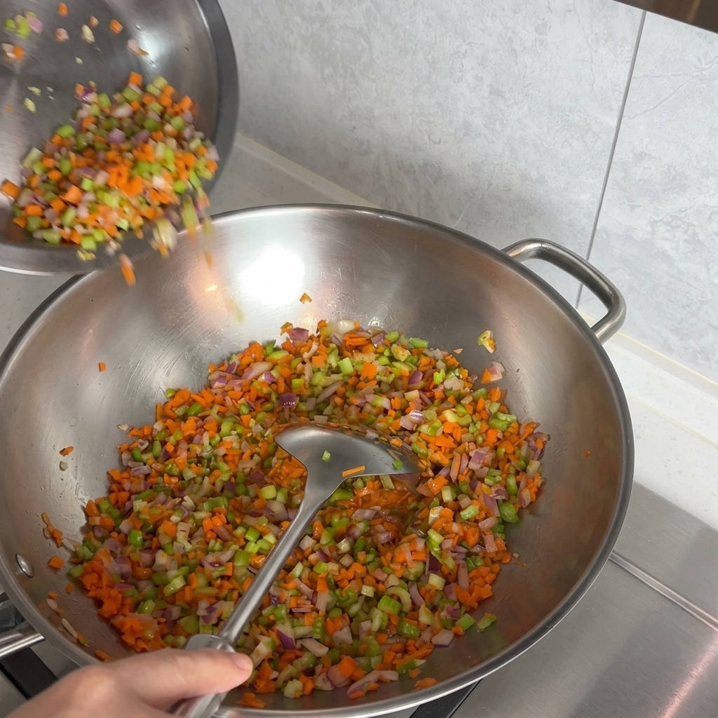 Zanahorias y apio picados cayendo desde un bol de metal a un wok con cebollas sofritas.