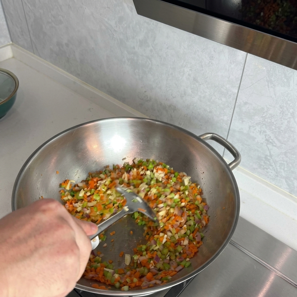 Una espátula removiendo una mezcla colorida de cebolla, apio, zanahoria y ajo en un wok.