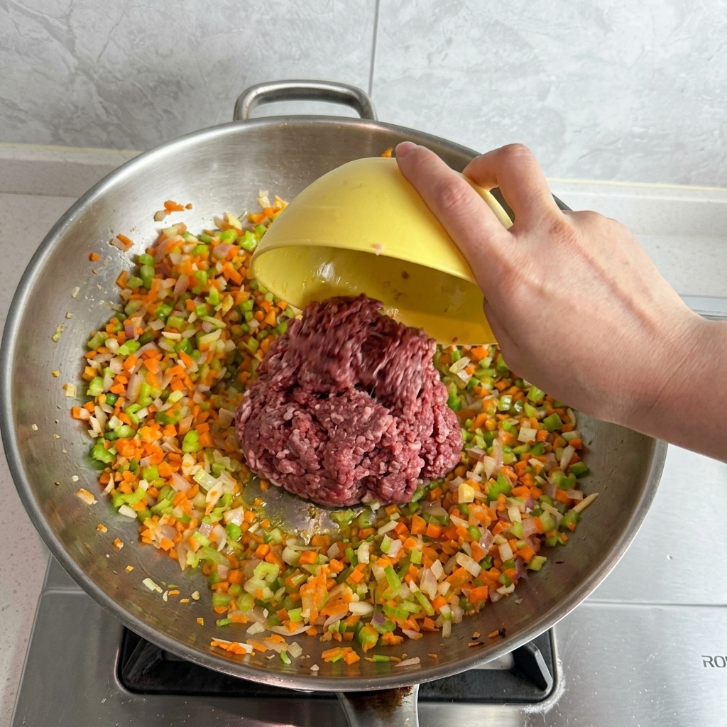 Una mano vertiendo carne picada cruda desde un bol amarillo a un wok con verduras salteadas.