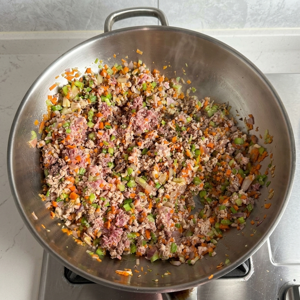 Carne picada y verduras salteándose en un wok, con la carne ya bien dorada y cocinada.