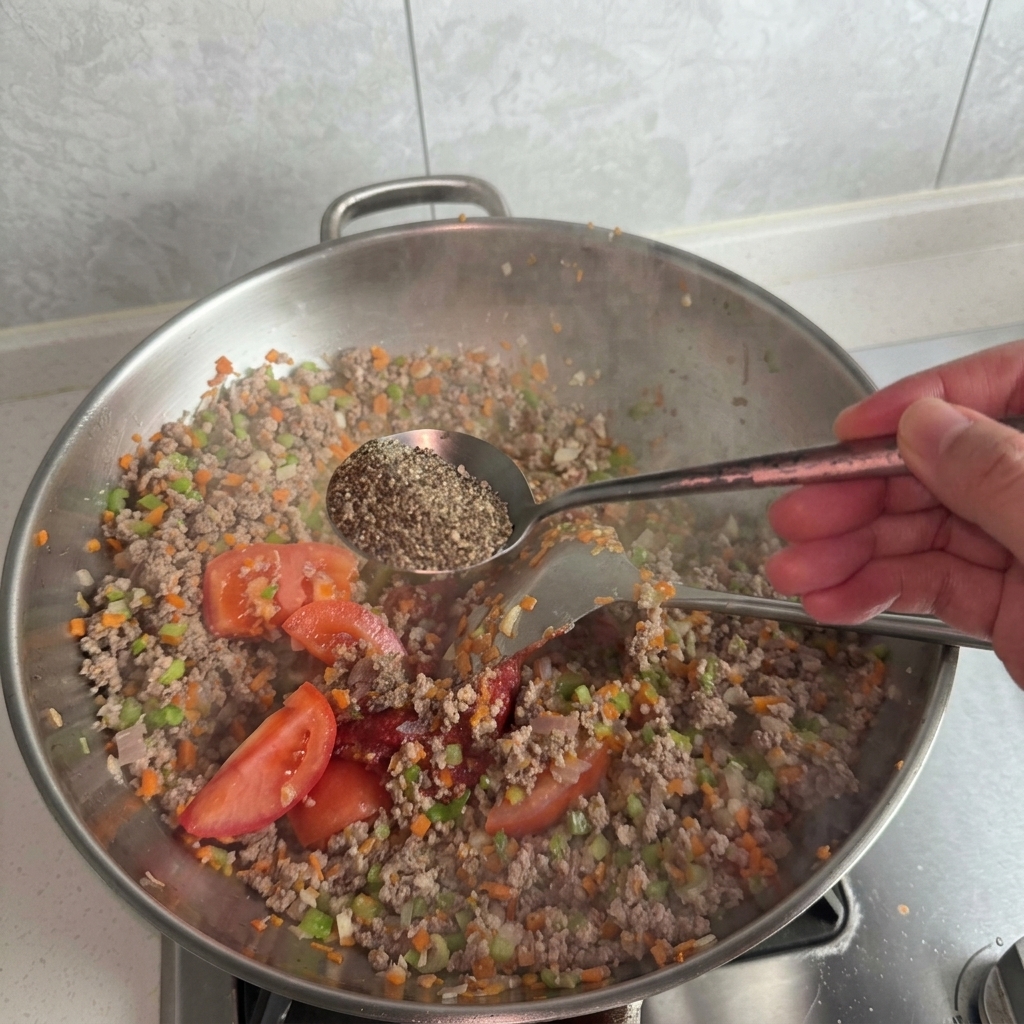Una cuchara de metal con pimienta negra molida sobre un wok con carne, verduras y tomate.