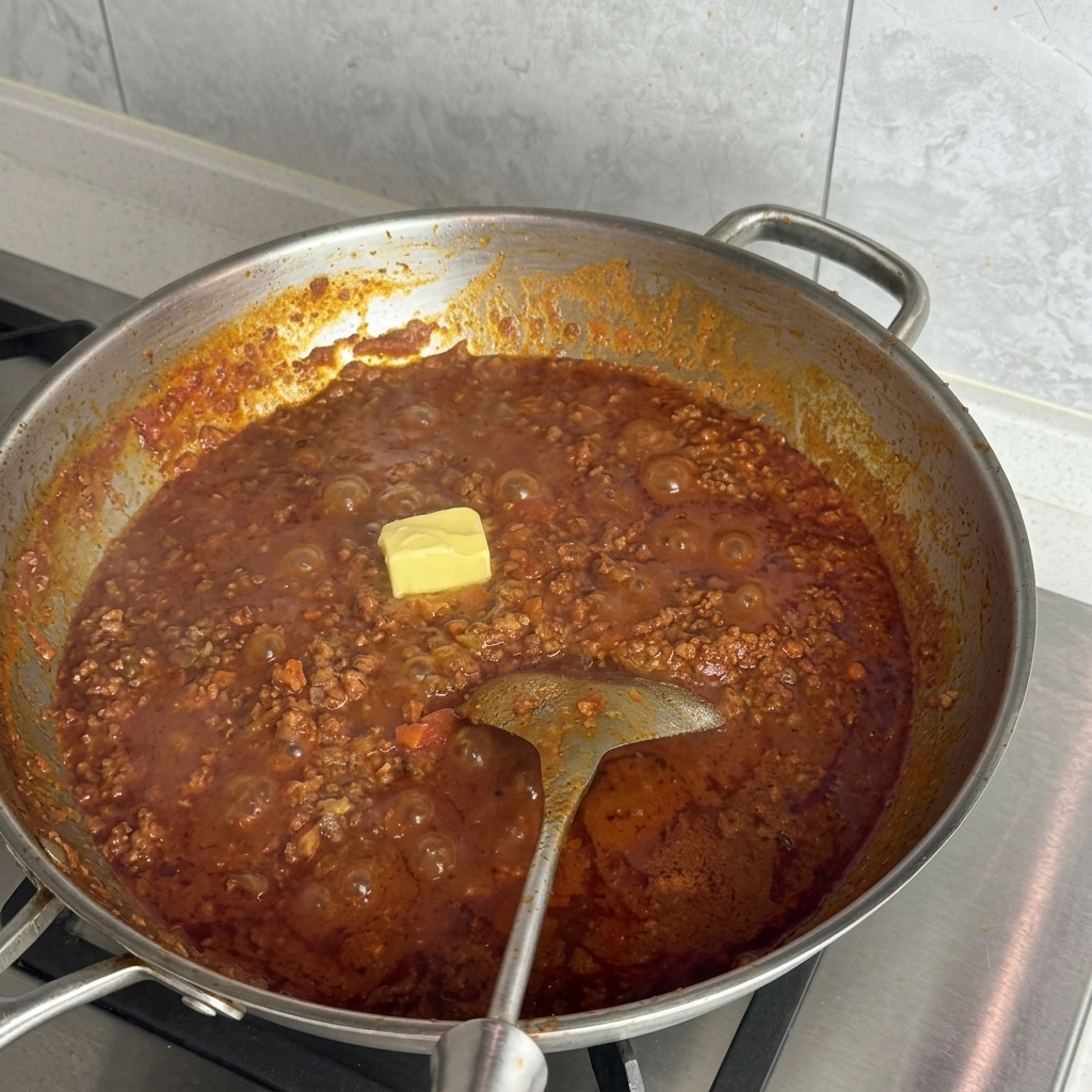 Un trozo cuadrado de mantequilla amarilla en el centro de una olla con salsa de carne roja hirviendo.