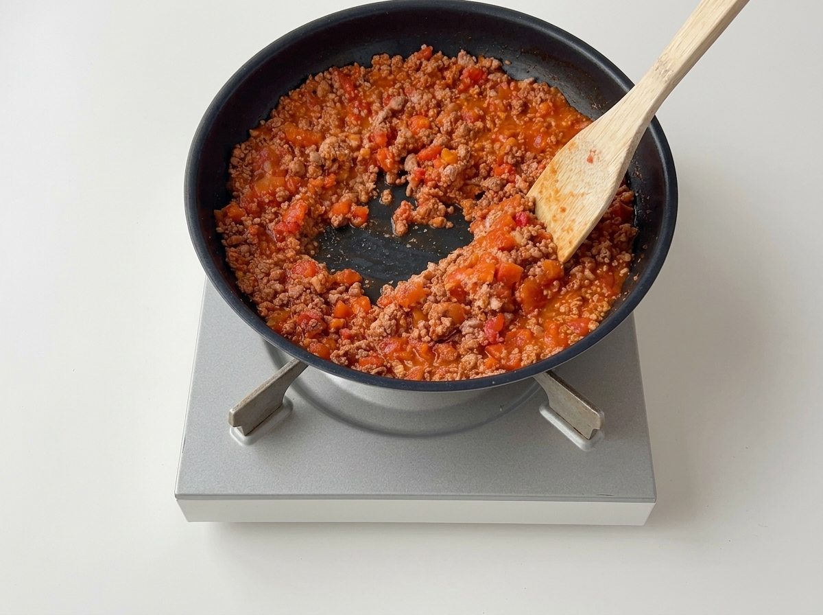 Espátula de madera mezclando la carne picada con los tomates troceados ya blandos en la sartén.