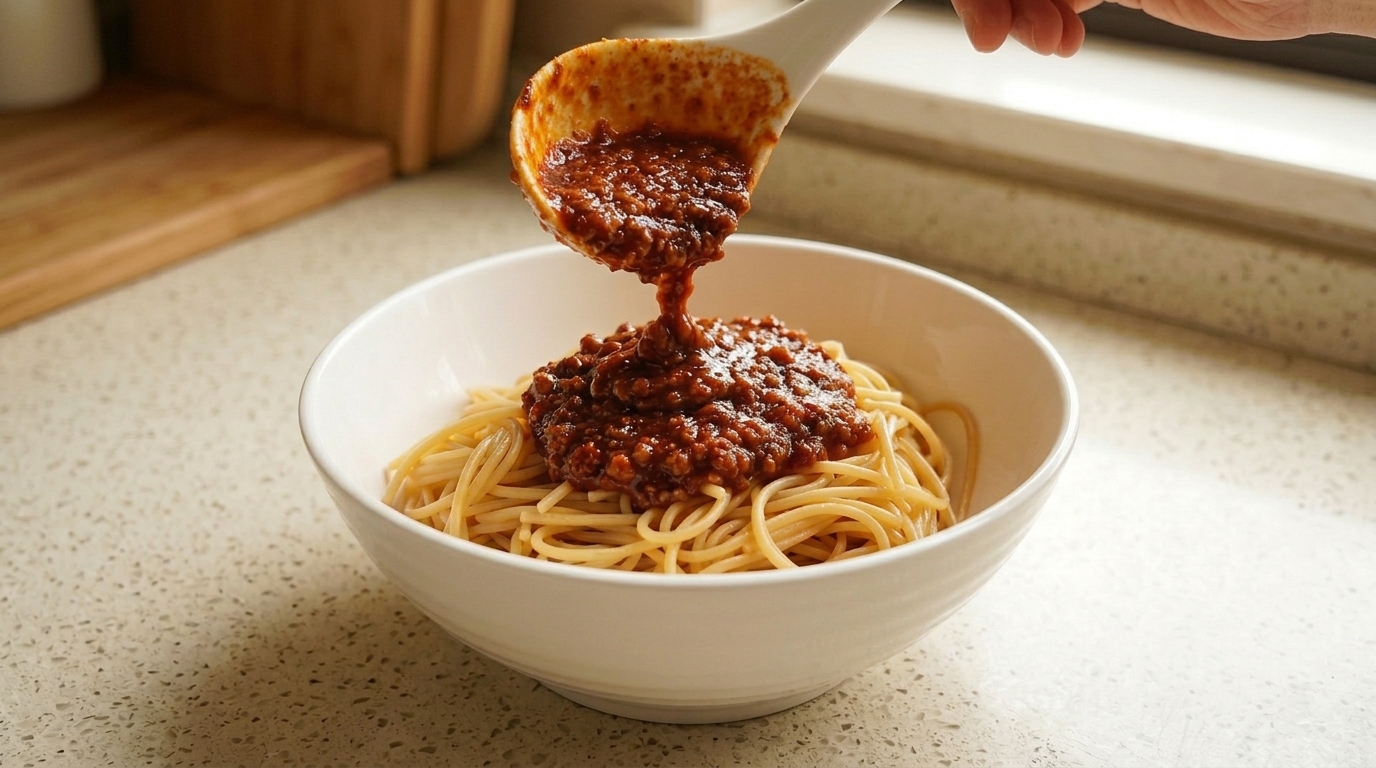 Espagueti a la Boloñesa Estilo Asiático con Toque de Umami